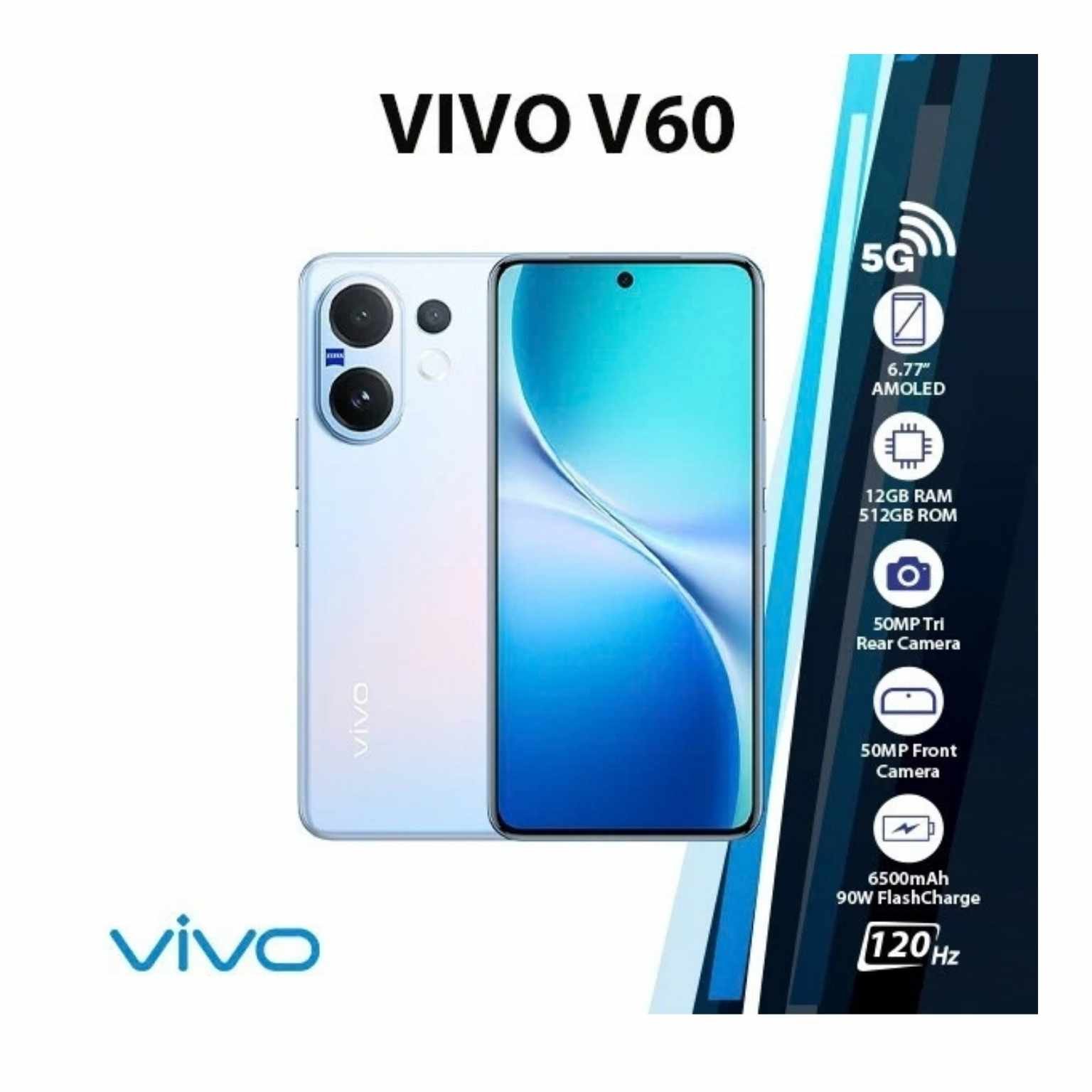 Vivo V60 256GB 12GB RAM, 50MP ZEISS Camera, 6.77-inch AMOLED 120Hz 5G, 6500mAh Battery