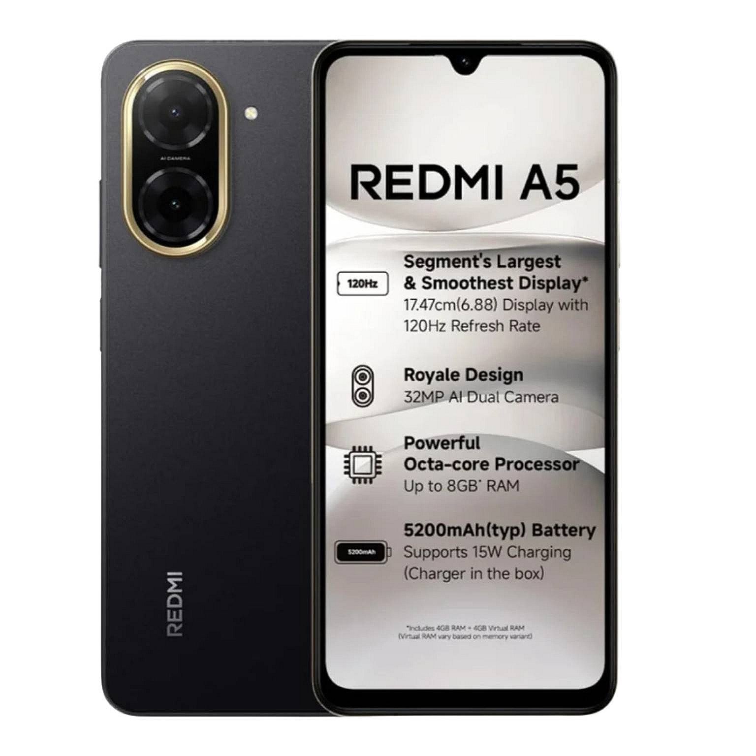 Redmi-A5 128GB 4G LTE 4GB-RAM, 32MP AI Camera, 5200mAh-Battery, 6.88-inch HD+ Display
